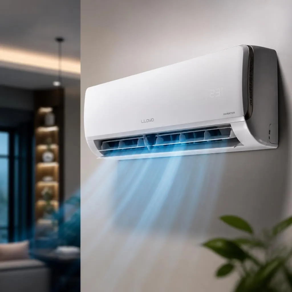 Modern split AC unit cooling a premium living room in Karaikudi