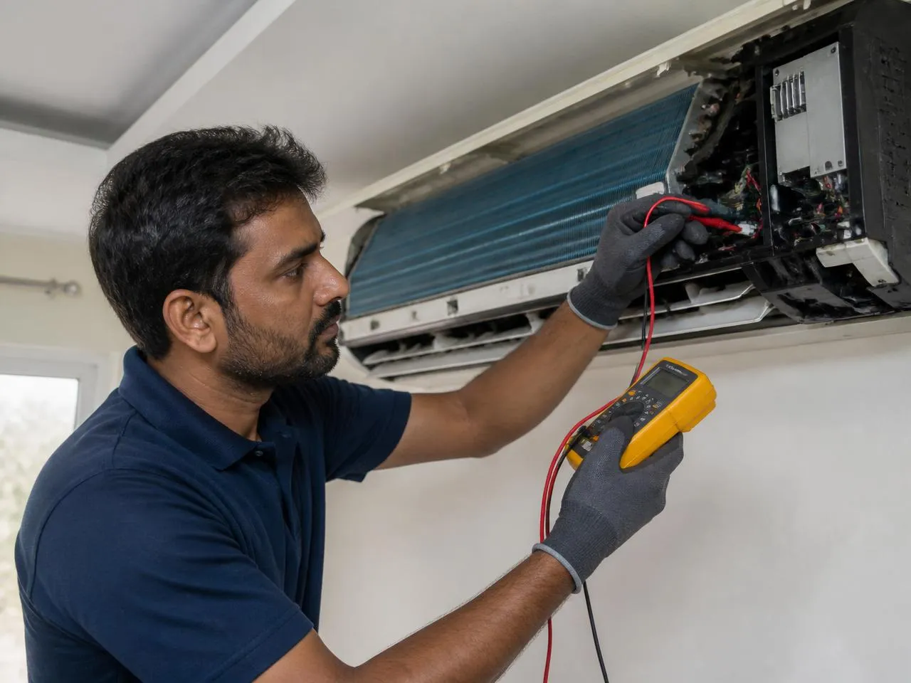 Modern split air conditioner cooling a bright living room